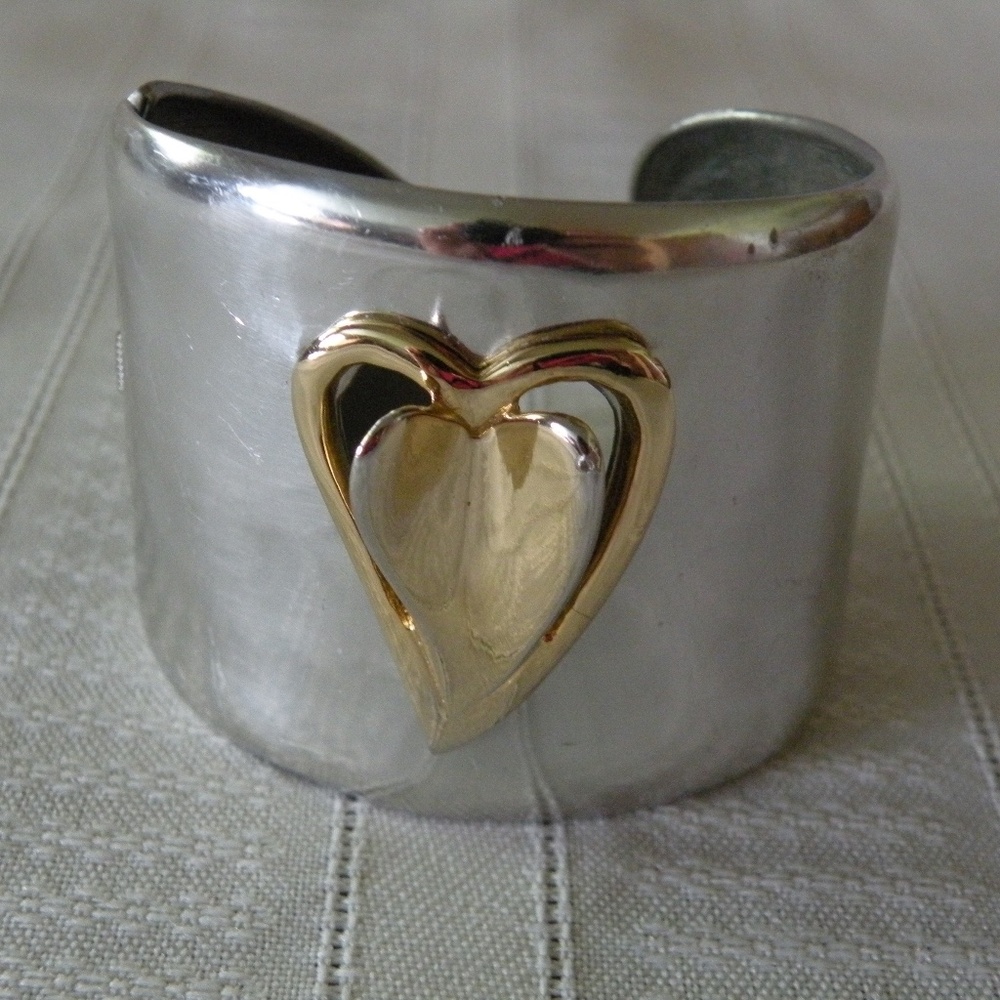 Diane von Furstenberg Silver & Gold Tone Heart 2" Wide Hinge Cuff Bracelet - Picture 6 of 12
